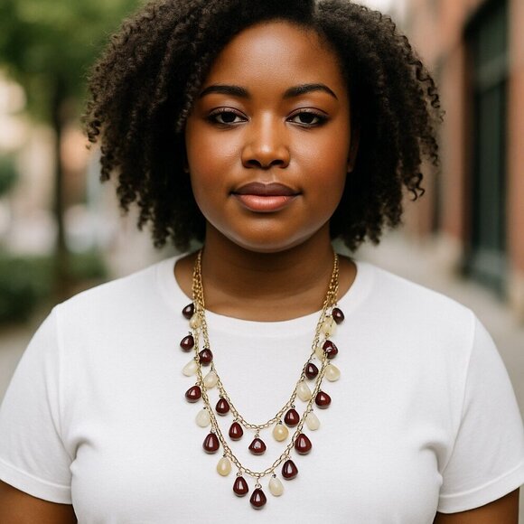 Charming Charlie Necklace Teardrop Fringe Gold Tone Brown Pale Pink - Picture 1 of 5